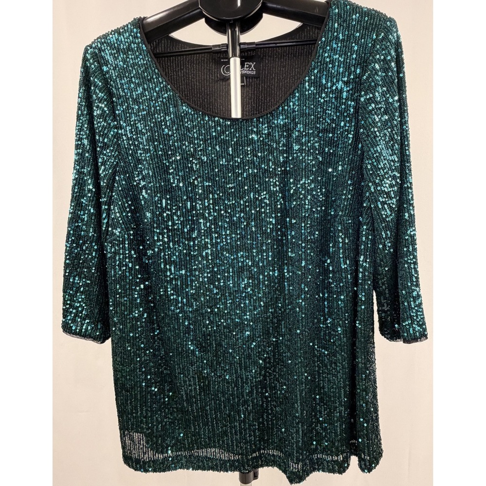 Alex Evenings Top Women's Plus Size 1X Green Sequin Cocktail Evening Holiday